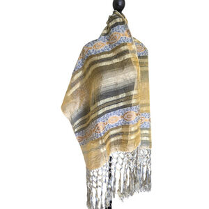 Vtg Bourouliti Soufli Silk Shawl - Hand-Woven Jacquard Greek Wrap - Gold/Blue
